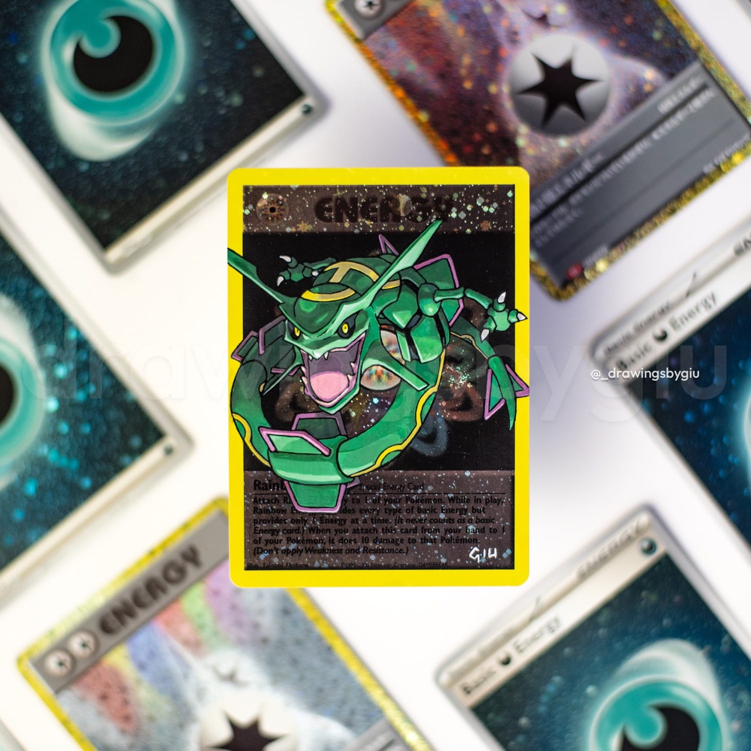 Hand-painted Rayquaza – Pokemon Emerald on Pokémon card by Giu Magnani.