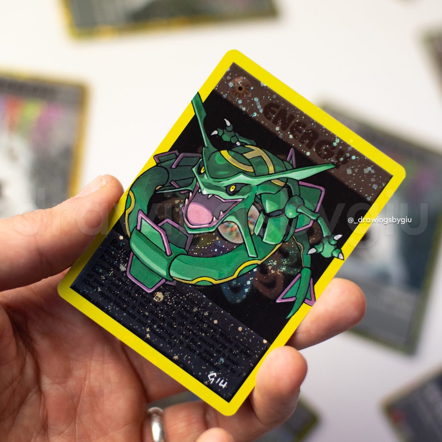 Hand-painted Rayquaza – Pokemon Emerald on Pokémon card by Giu Magnani.