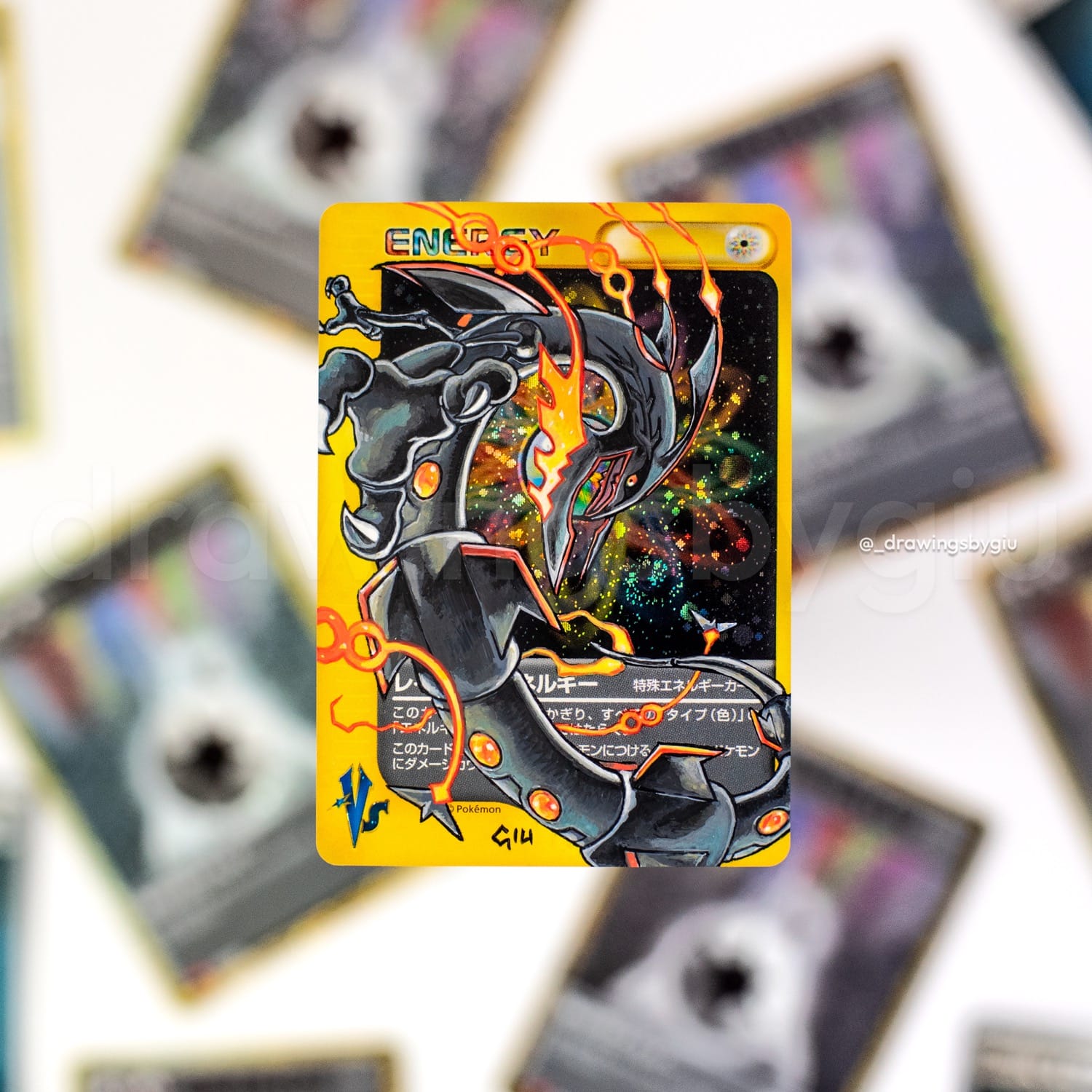 Hand-painted Shiny Mega Rayquaza on Pokémon card by Giu Magnani.