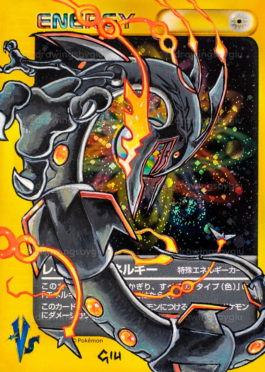Hand-painted Shiny Mega Rayquaza on Pokémon card by Giu Magnani.