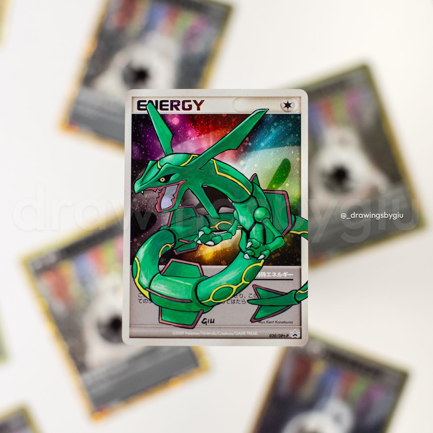 Hand-painted Rayquaza – Ken Sugimori on Pokémon card by Giu Magnani.