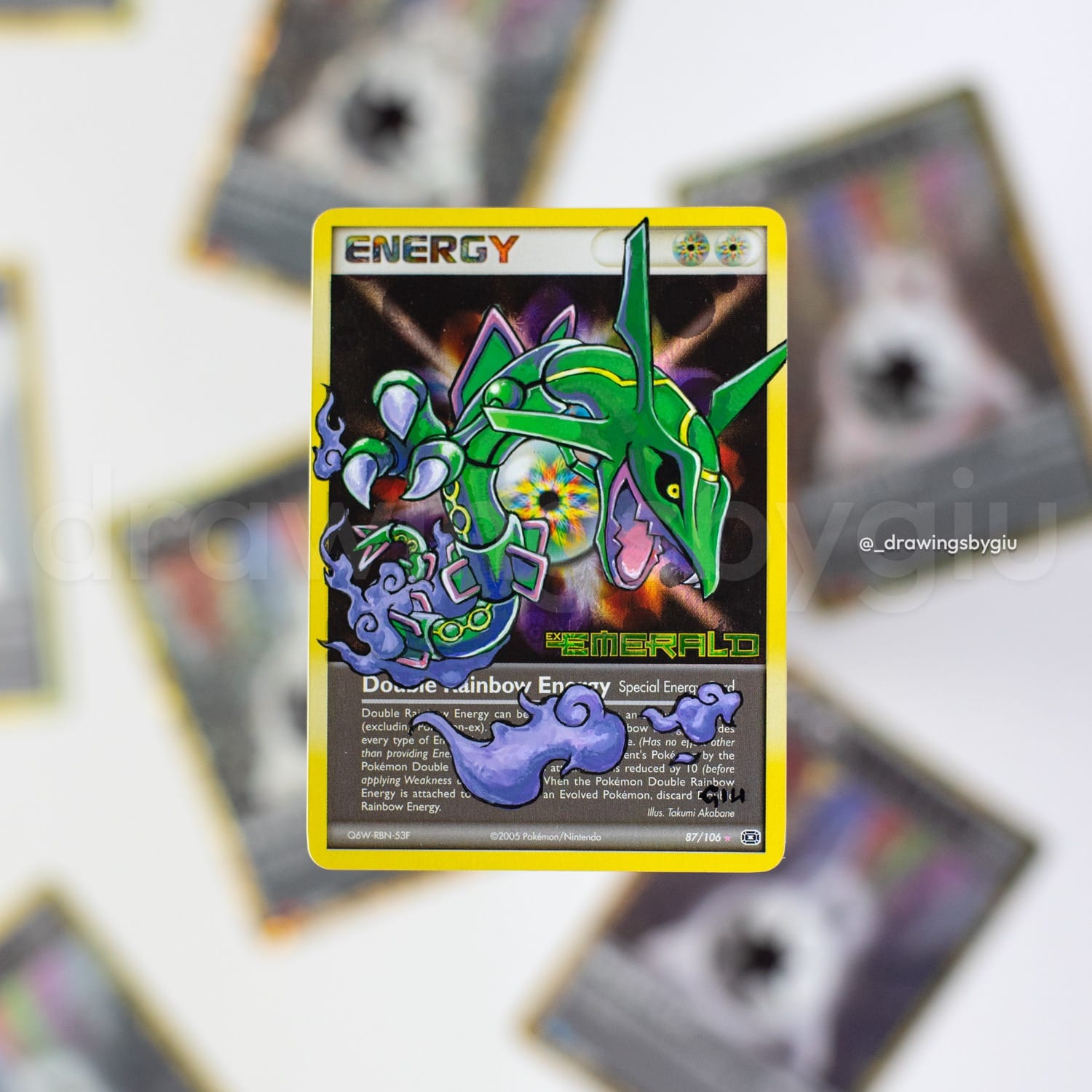 Hand-painted Rayquaza – EX Emerald on Pokémon card by Giu Magnani.