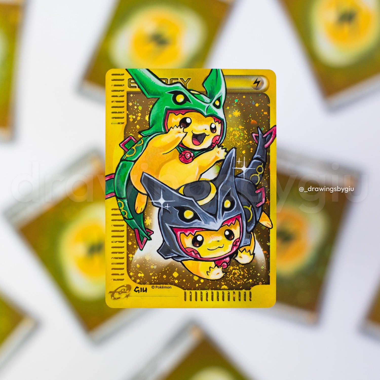 Hand-painted Pikachu Ponchos – Shiny Rayquaza & Rayquaza on Pokémon card by Giu Magnani.