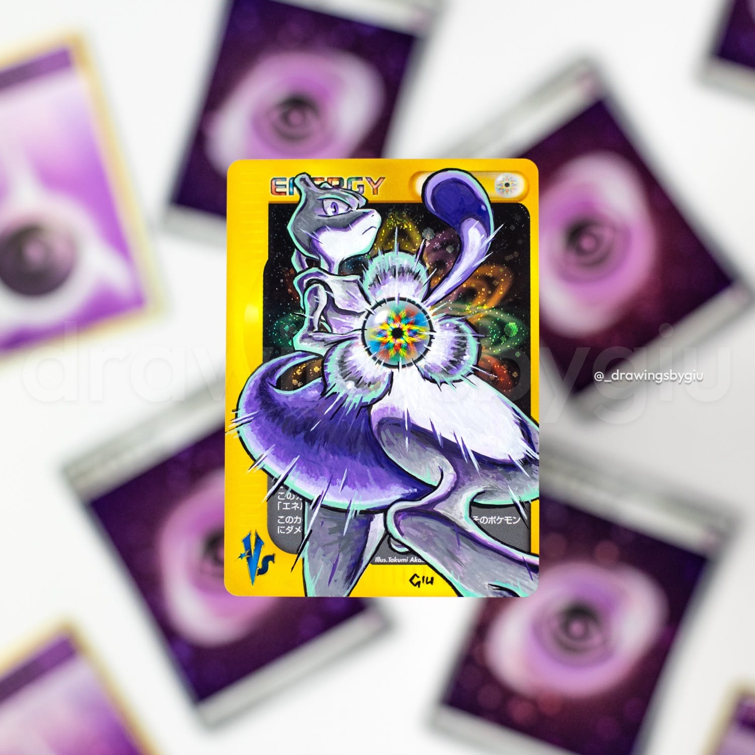 Hand-painted Mewtwo – VS Rainbow on Pokémon card by Giu Magnani.