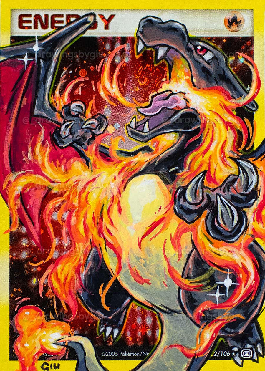 Hand-painted Shiny Charizard on Pokémon card by Giu Magnani.