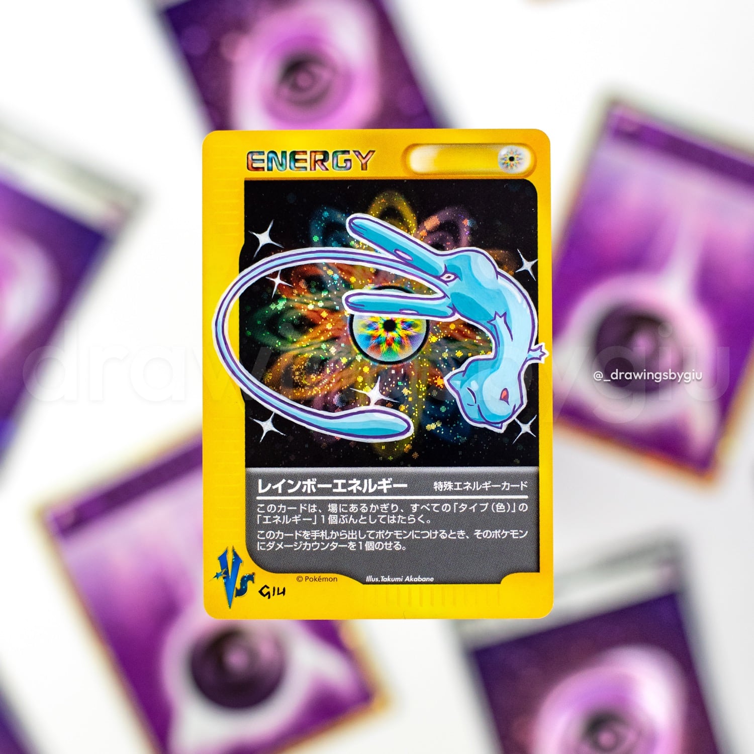 Hand-painted Shining Mew Corocoro on Pokémon card by Giu Magnani.