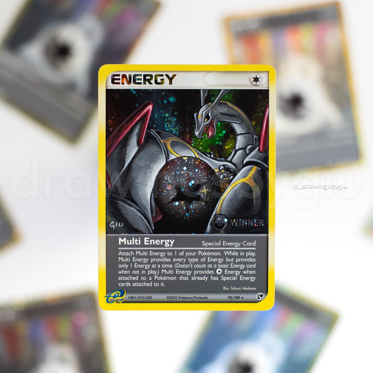 Hand-painted Shiny Rayquaza – Winner Stamp on Pokémon card by Giu Magnani.
