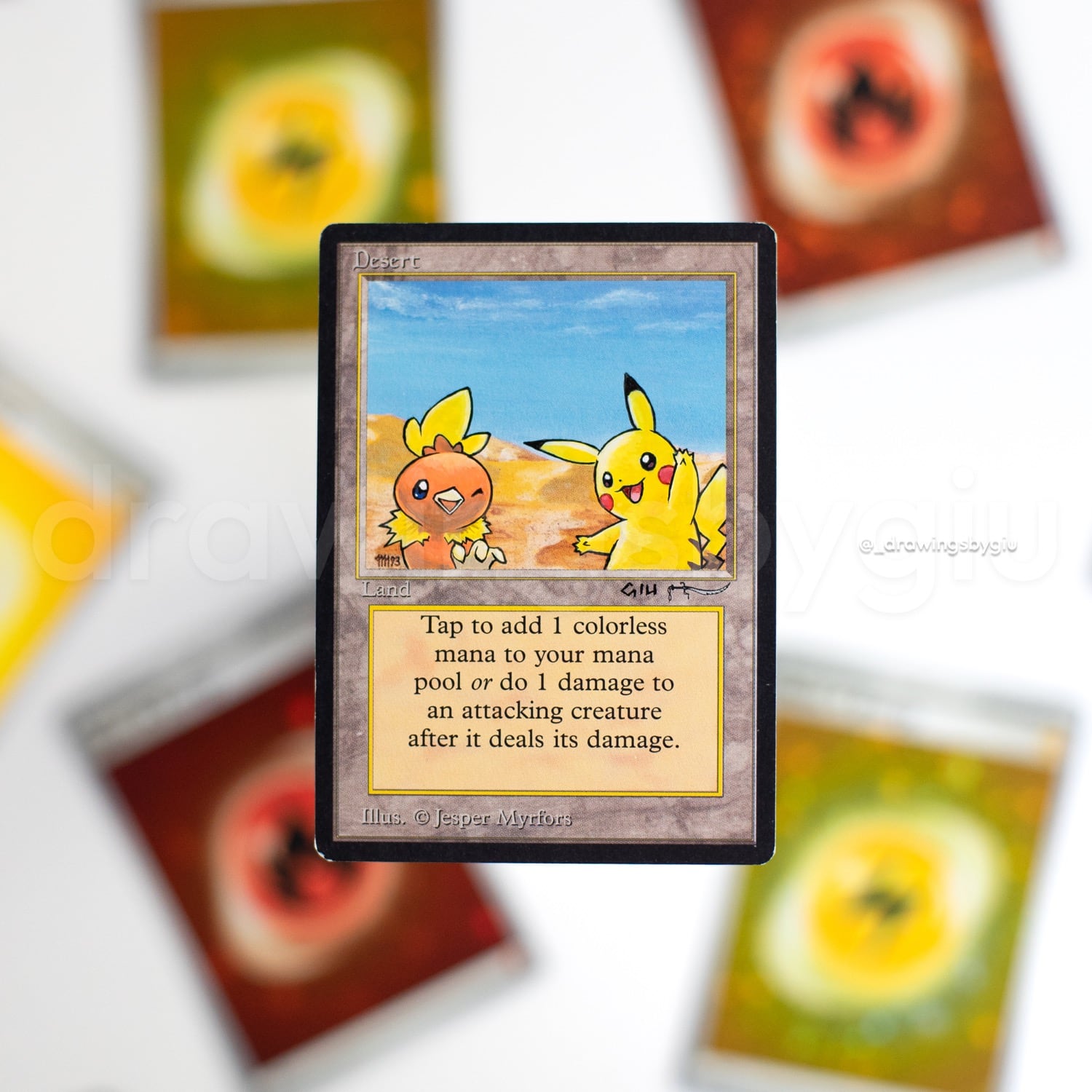 Hand-painted Pikachu & Torchic on MTG card on Pokémon card by Giu Magnani.