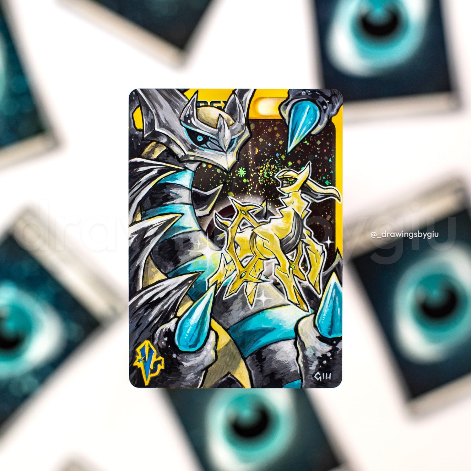 Hand-painted Shiny Giratina Origin Forme & Shiny Arceus on Pokémon card by Giu Magnani.