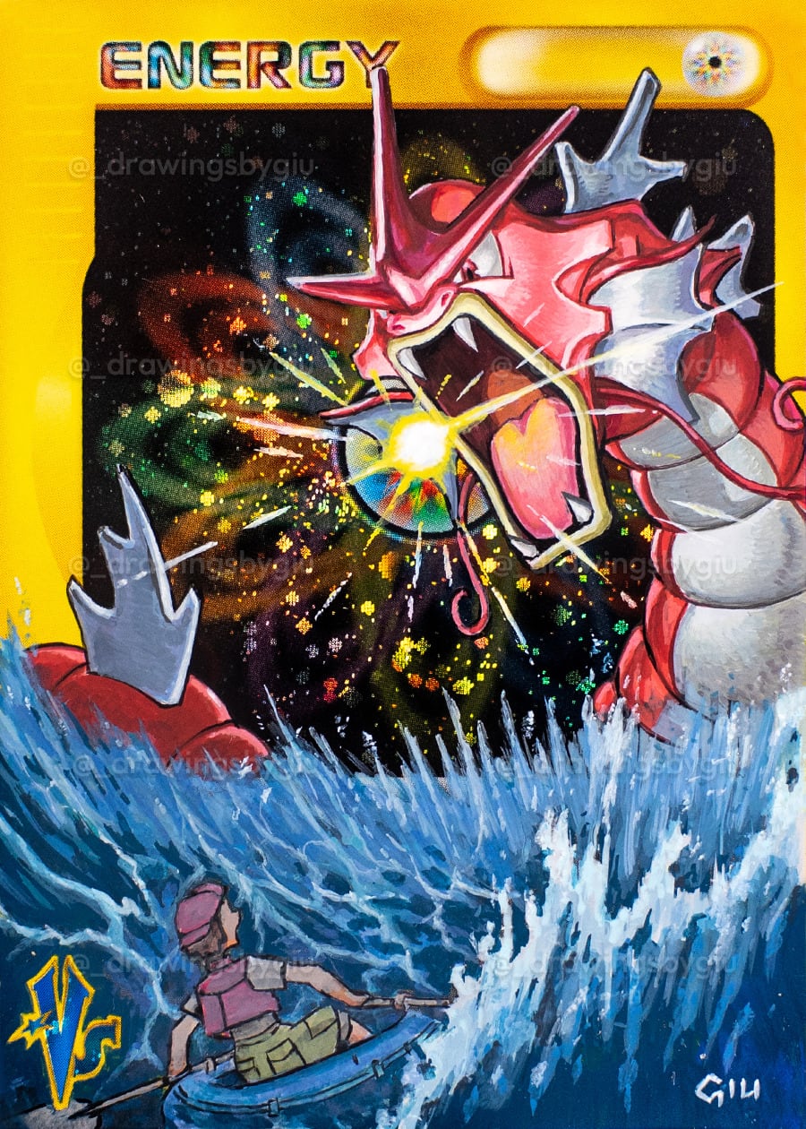 Hand-painted Shiny Gyarados – Pocket on Pokémon card by Giu Magnani.