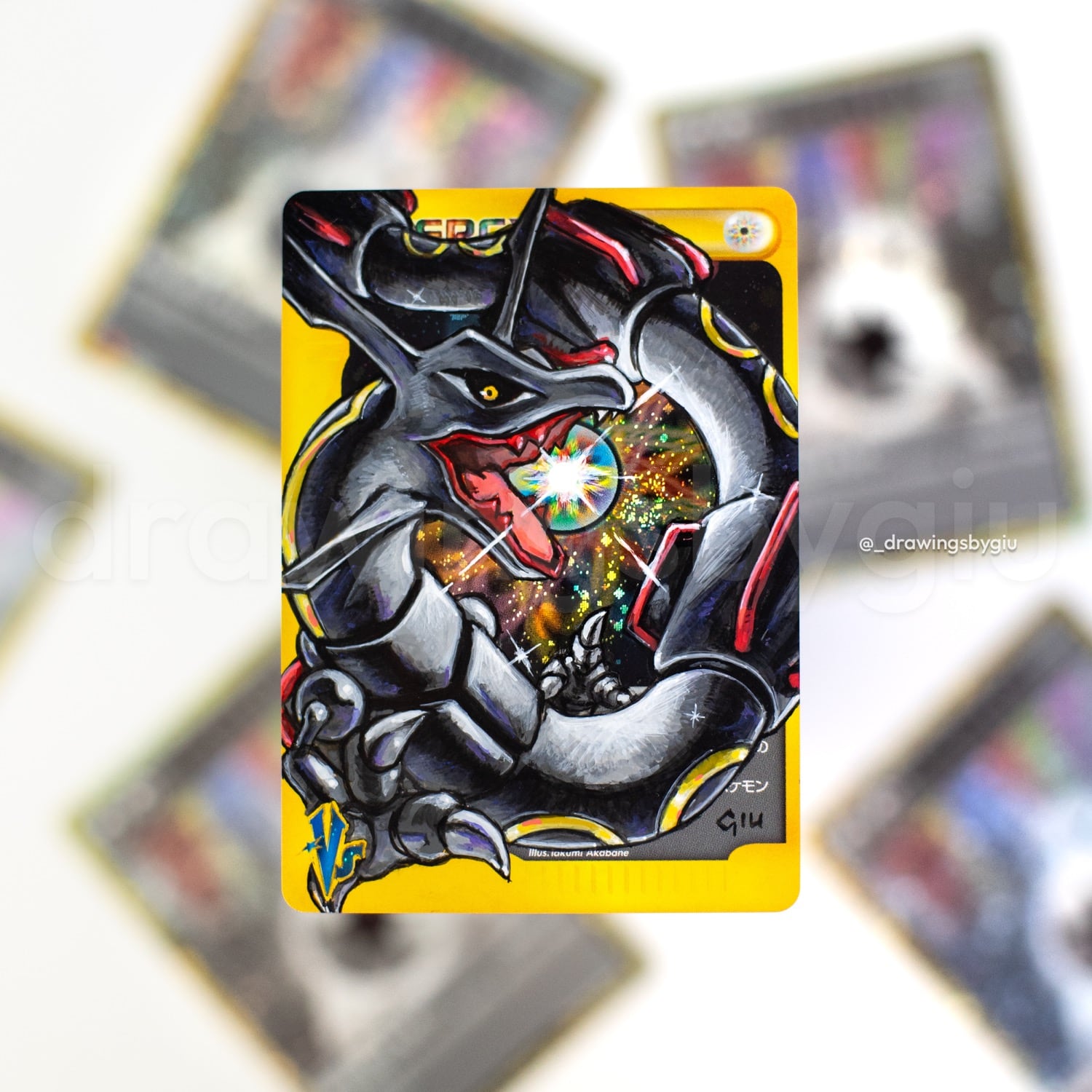 Hand-painted Shiny Rayquaza on Pokémon card by Giu Magnani.