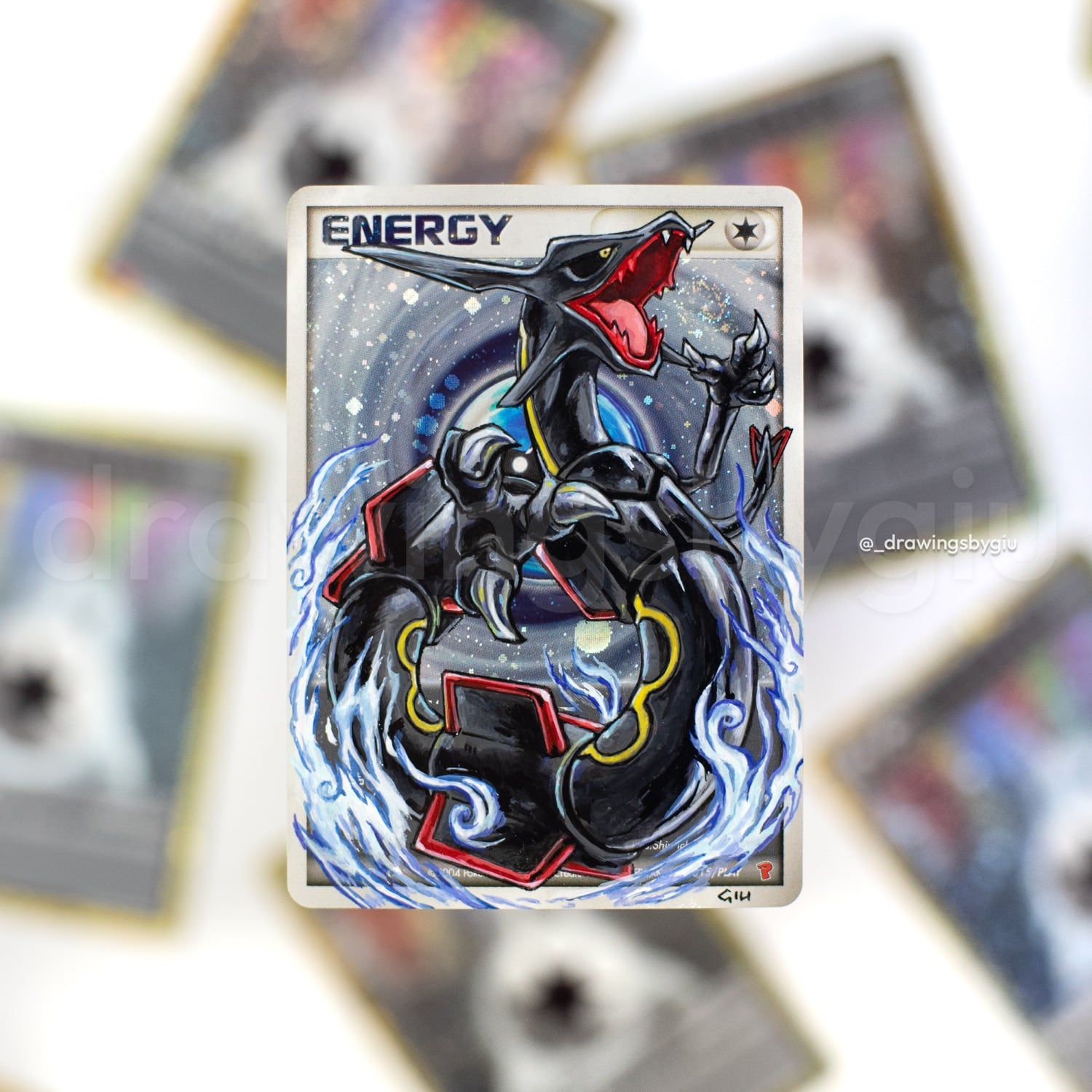 Hand-painted Shiny Rayquaza Cyclone Energy on Pokémon card by Giu Magnani.