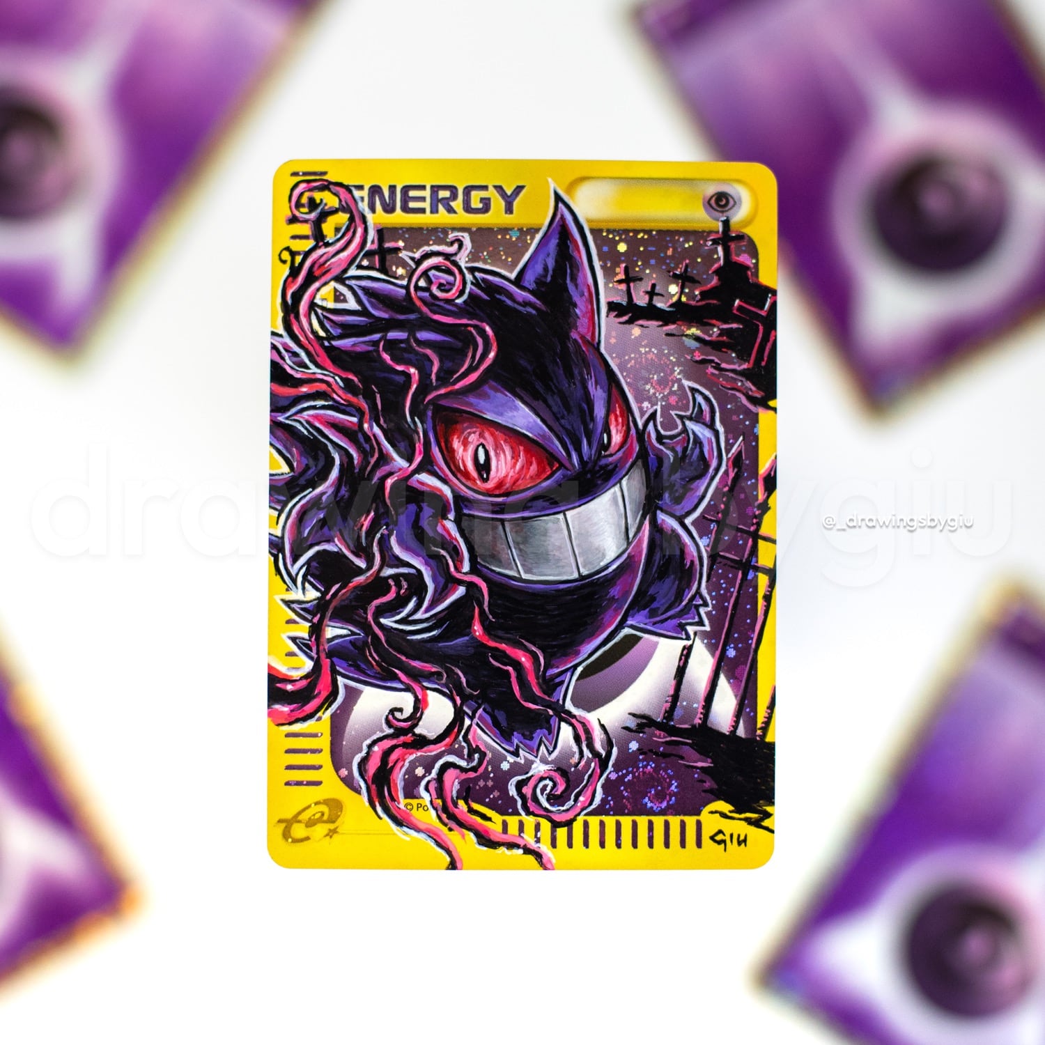 Hand-painted Gengar MCD on Pokémon card by Giu Magnani.