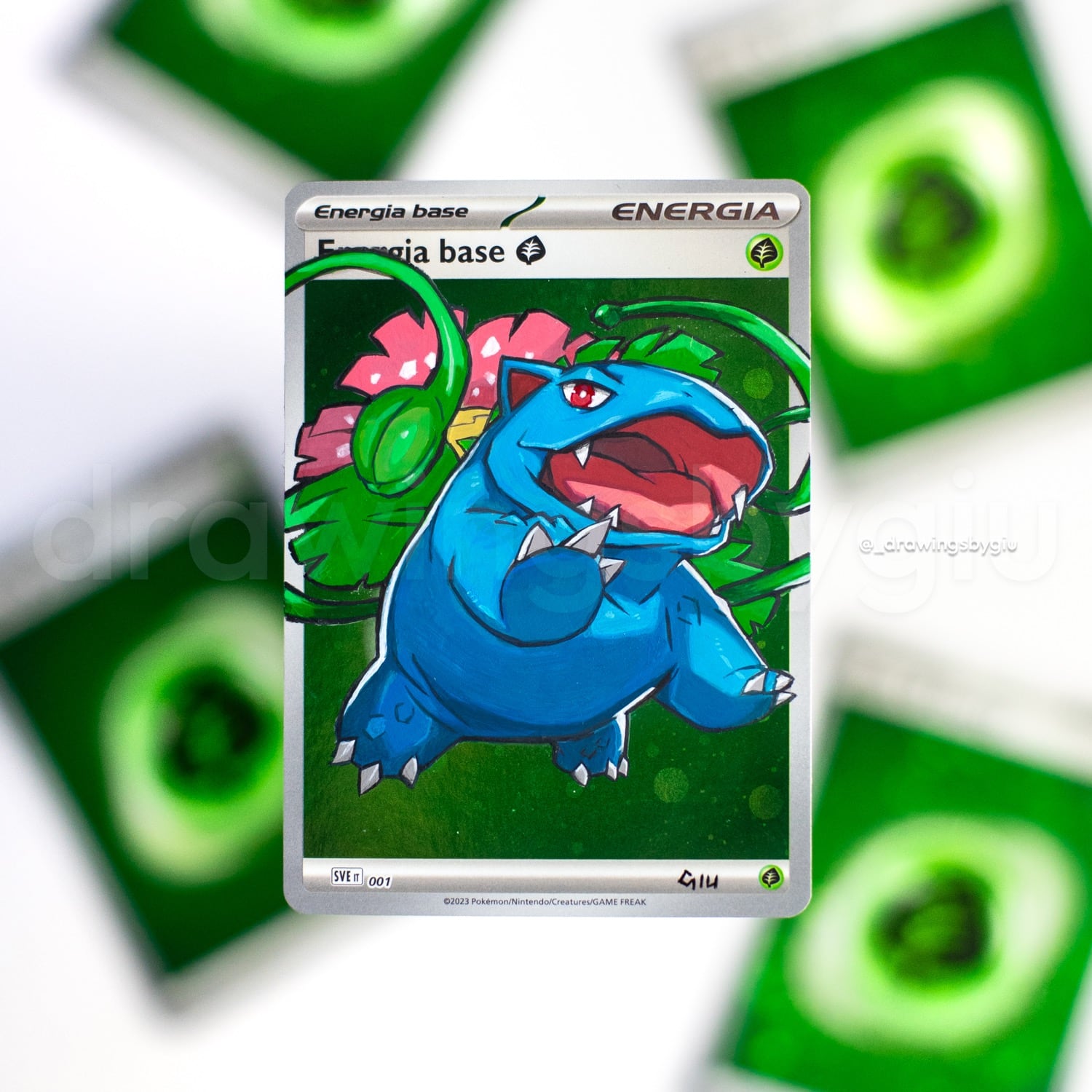 Hand-painted Venusaur on Pokémon card by Giu Magnani.