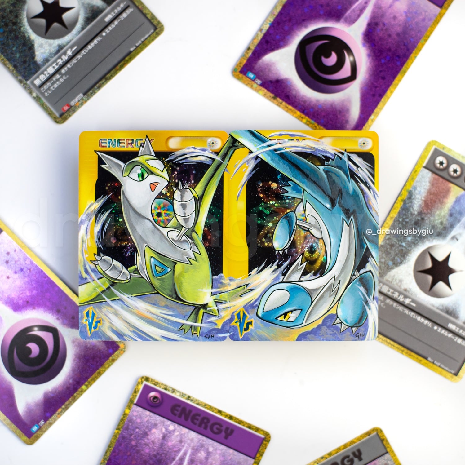 Hand-painted Gold Star Latios on Pokémon card by Giu Magnani.