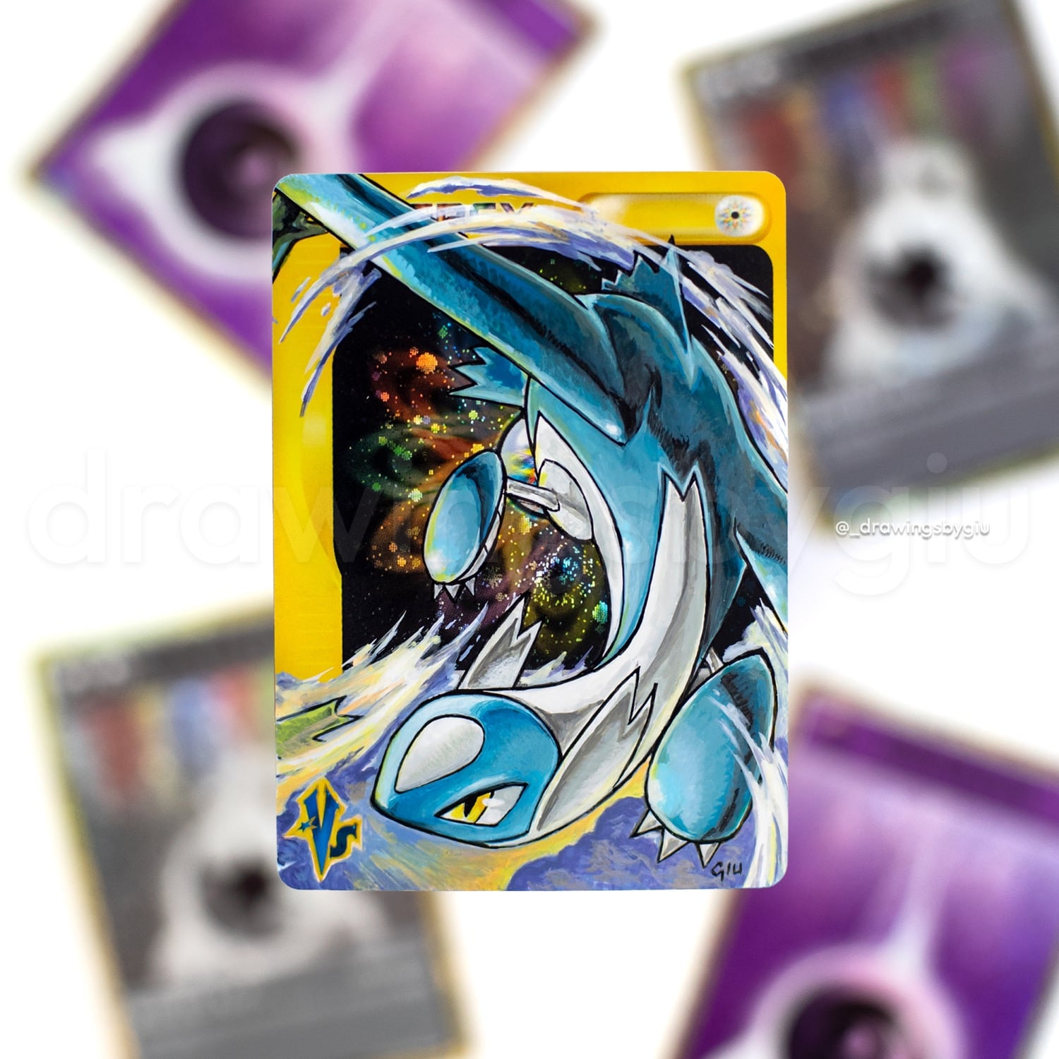 Hand-painted Gold Star Latios on Pokémon card by Giu Magnani.