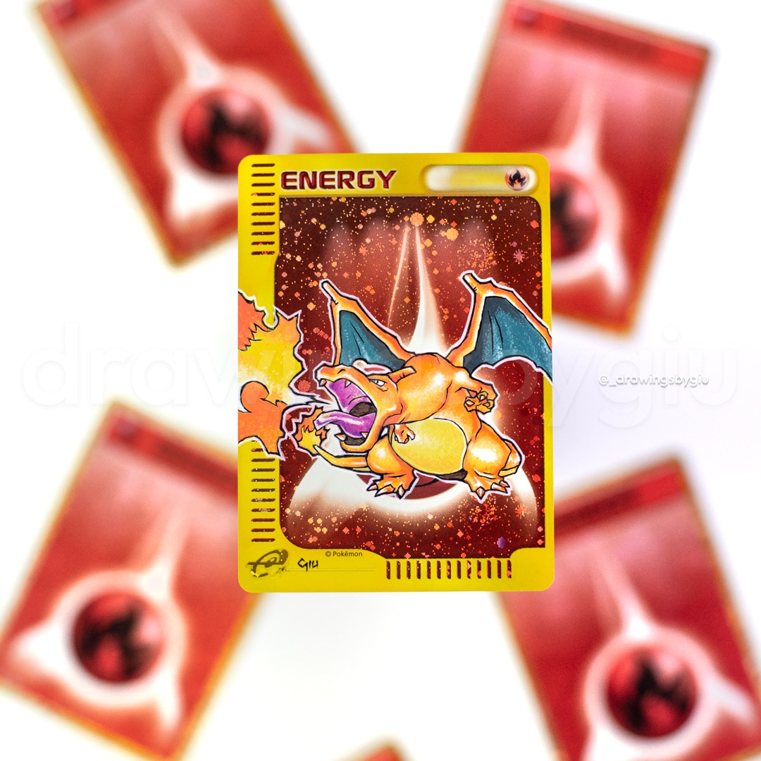 Hand-painted Charizard Base Set on Pokémon card by Giu Magnani.