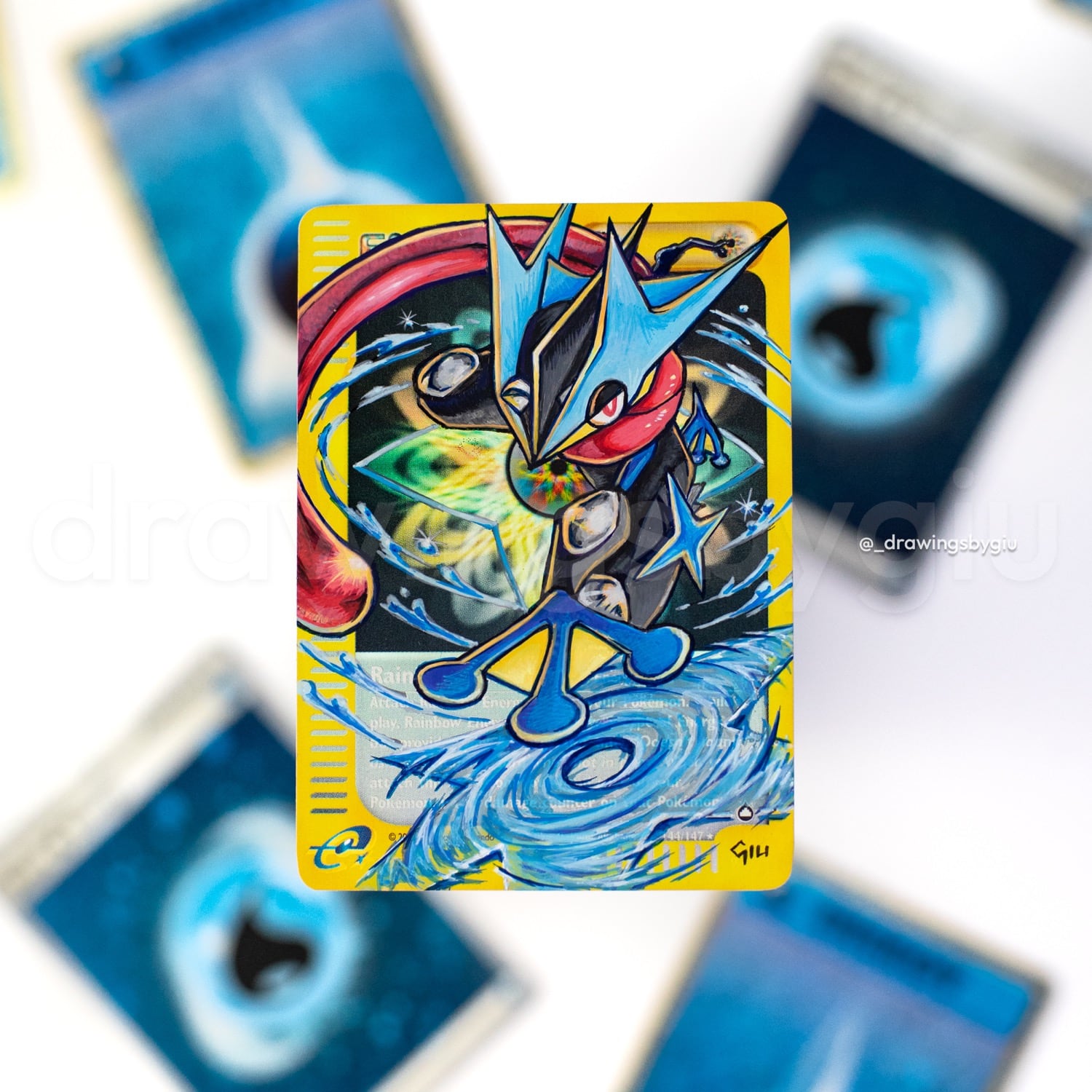 Hand-painted Mega Greninja on Pokémon card by Giu Magnani.