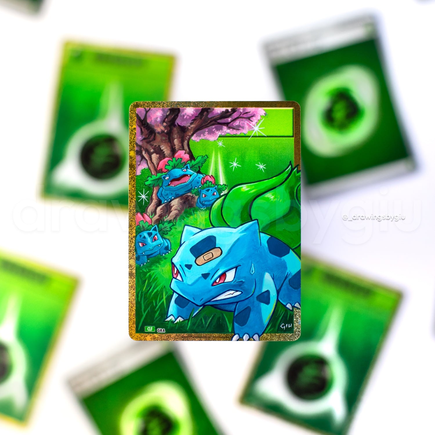 Hand-painted Bulbasaur’s Mysterious Garden on Pokémon card by Giu Magnani.