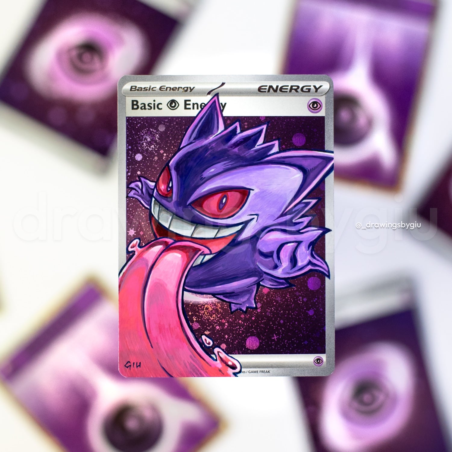 Hand-painted Gengar used Lick! on Pokémon card by Giu Magnani.
