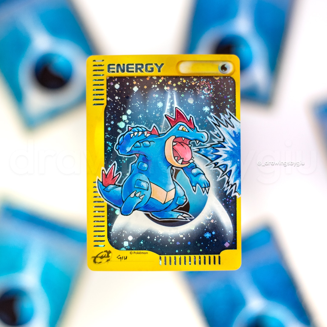 Hand-painted Feraligatr Neo Genesis on Pokémon card by Giu Magnani.