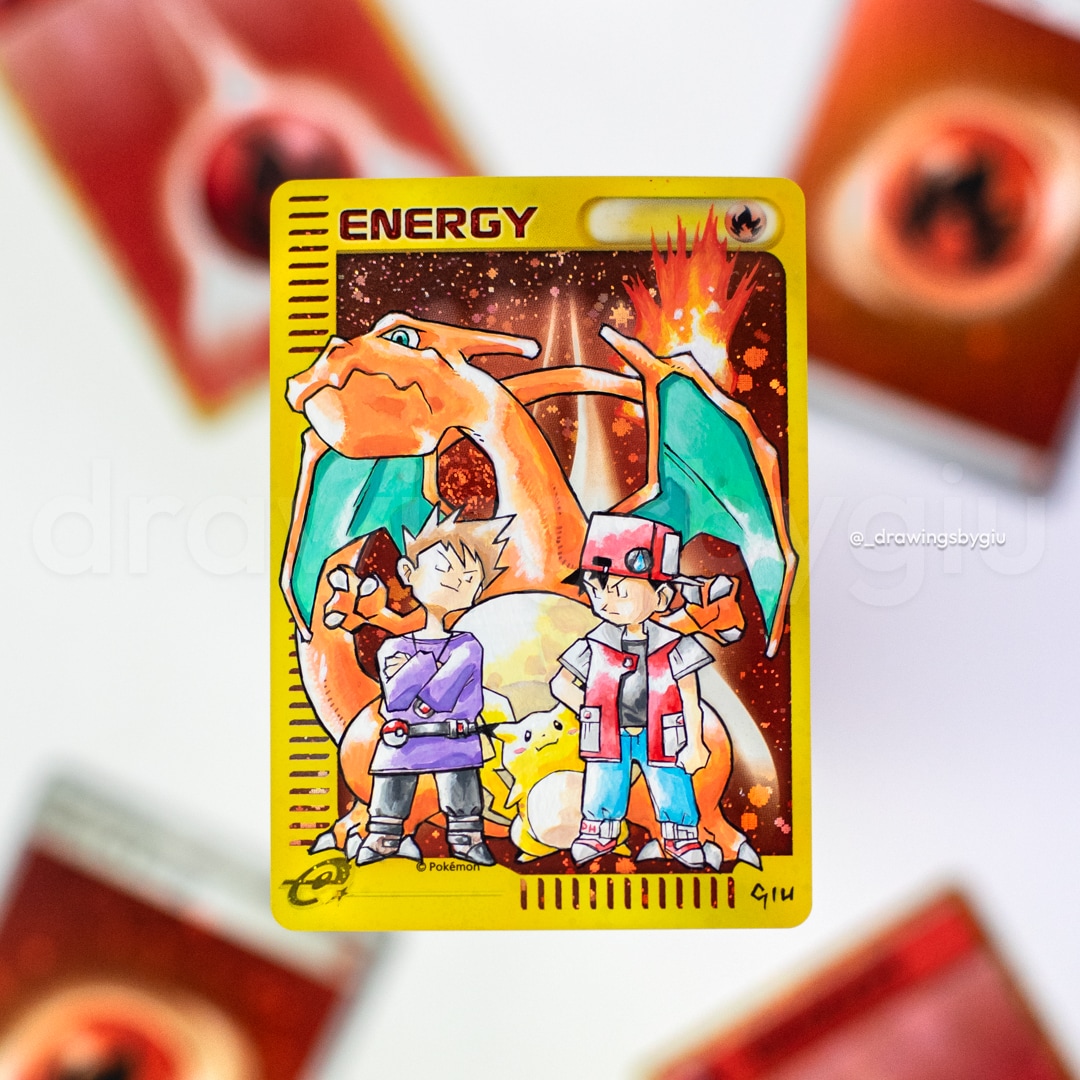Hand-painted Red, Blue, Charizard and Pikachu – early Ken Sugimori Illustration on Pokémon card by Giu Magnani.