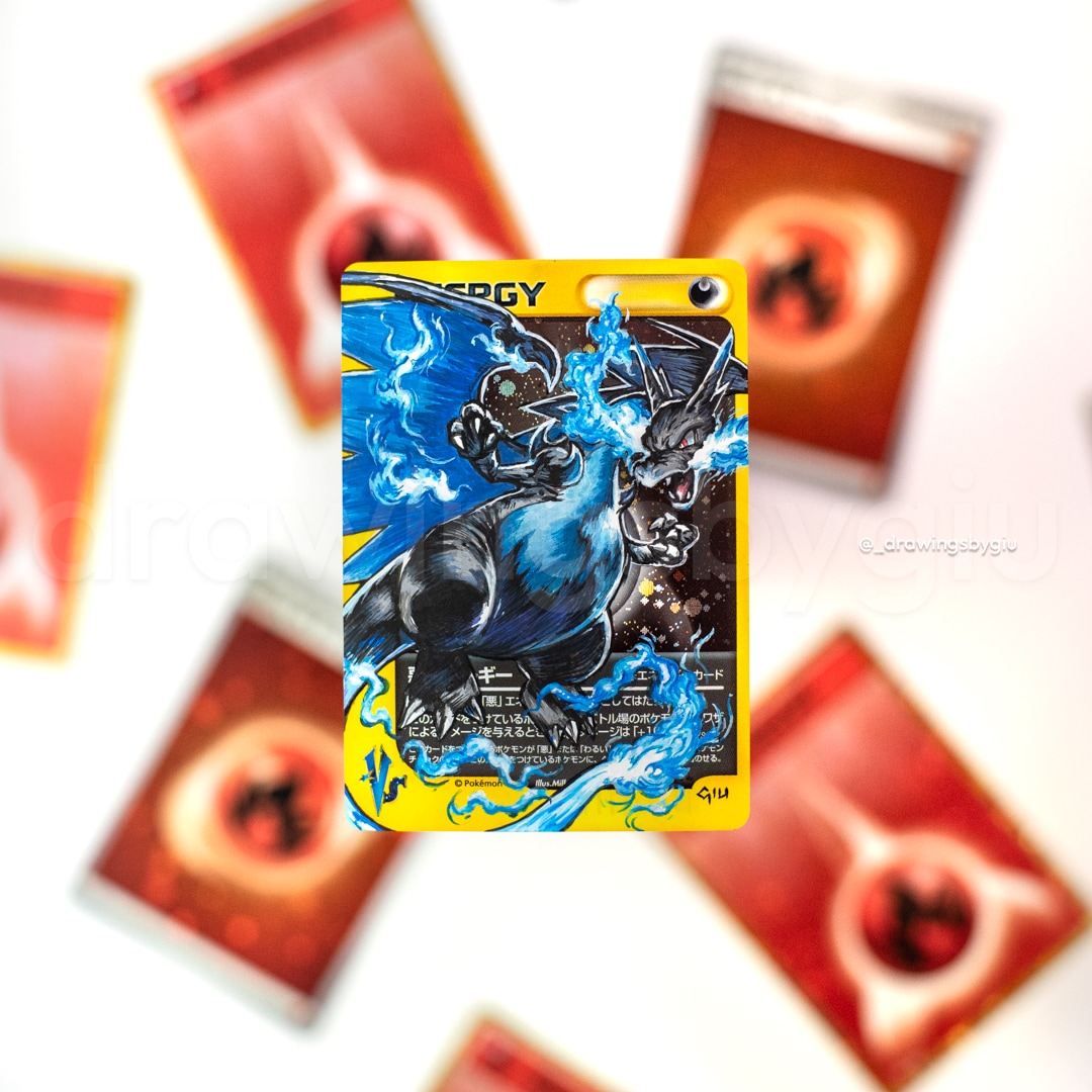 Hand-painted Mega Charizard X – Phantasmal Flames on Pokémon card by Giu Magnani.