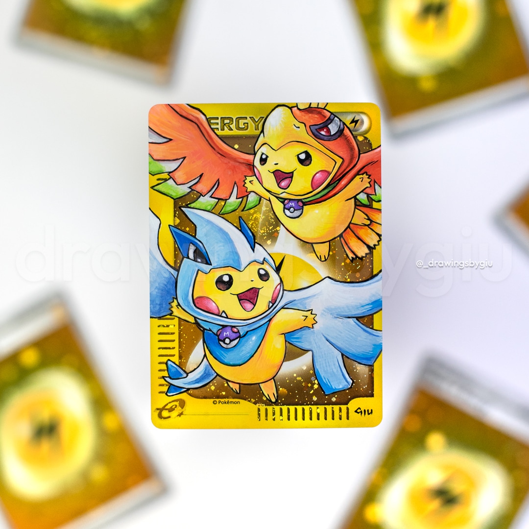 Hand-painted Lugia and Ho-Oh Ponchos on Pokémon card by Giu Magnani.