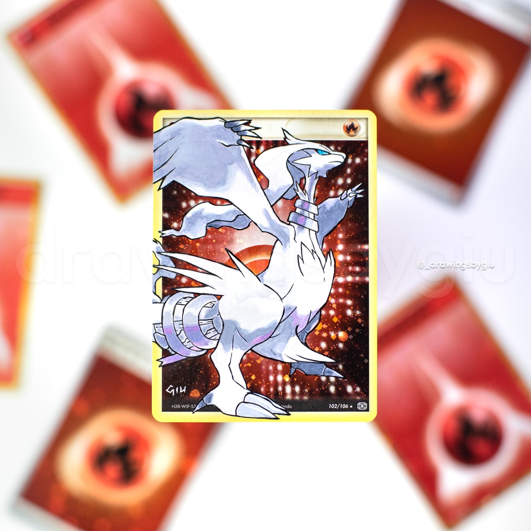 Hand-painted Reshiram Game Artwork on Pokémon card by Giu Magnani.