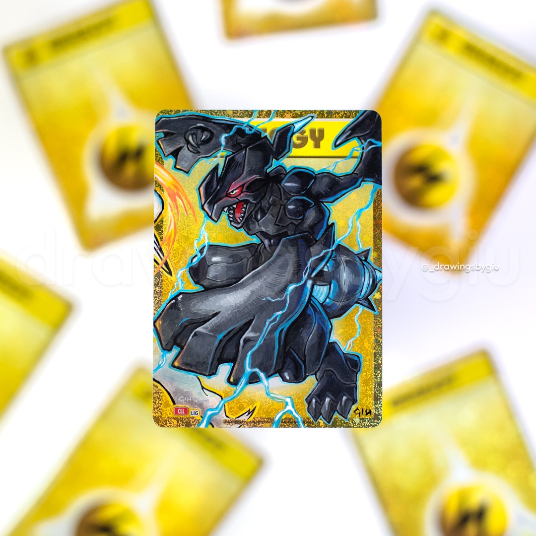 Hand-painted Zekrom on Pokémon card by Giu Magnani.