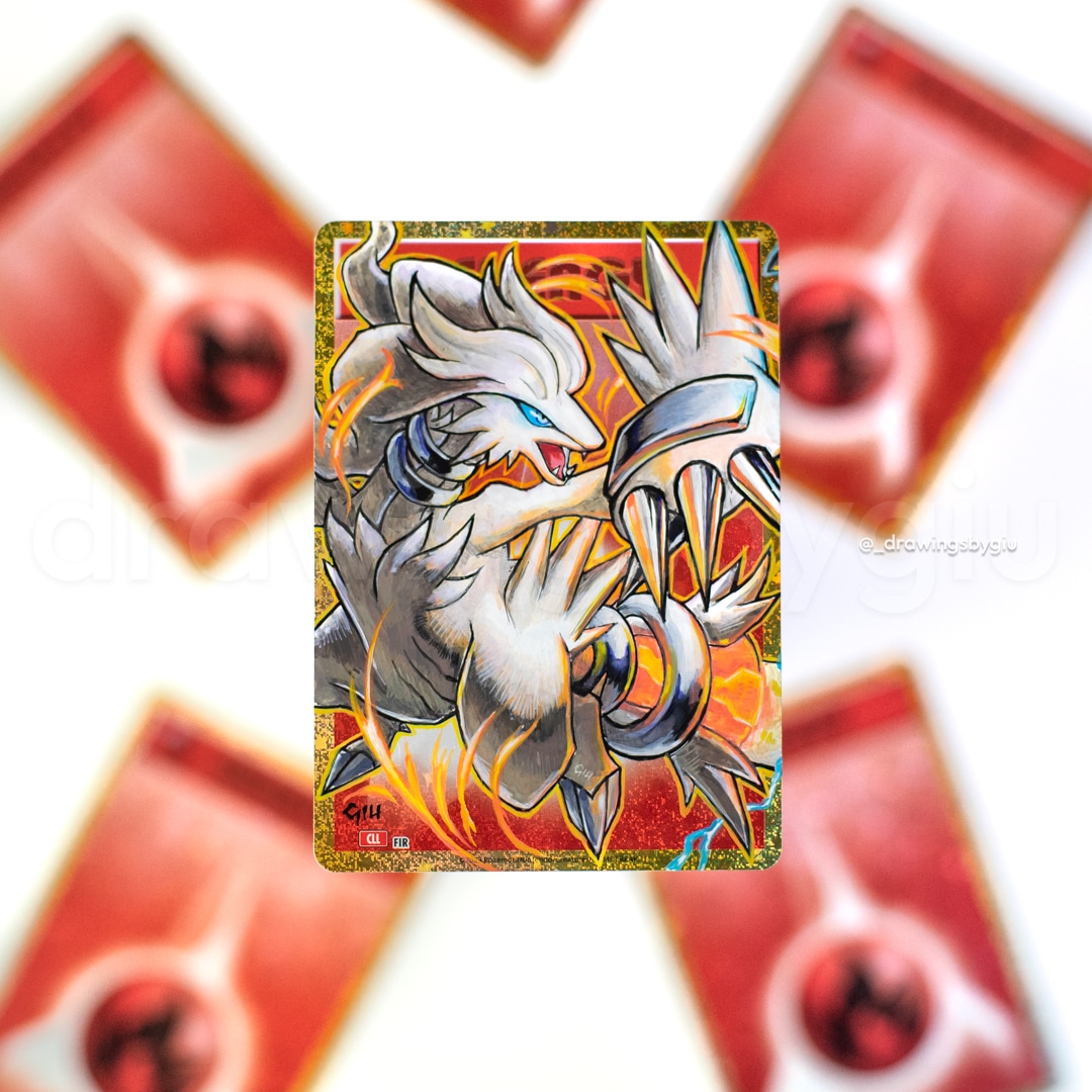 Hand-painted Reshiram on Pokémon card by Giu Magnani.