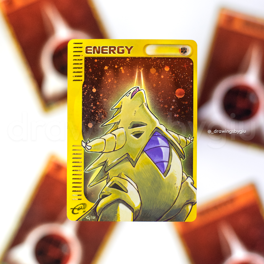 Hand-painted Shining Tyranitar on Pokémon card by Giu Magnani.