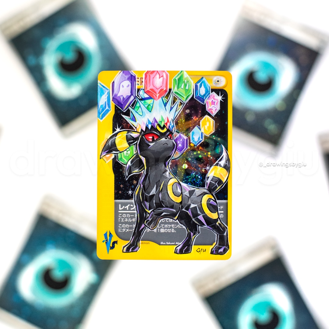 Hand-painted Stellar type Umbreon on Pokémon card by Giu Magnani.