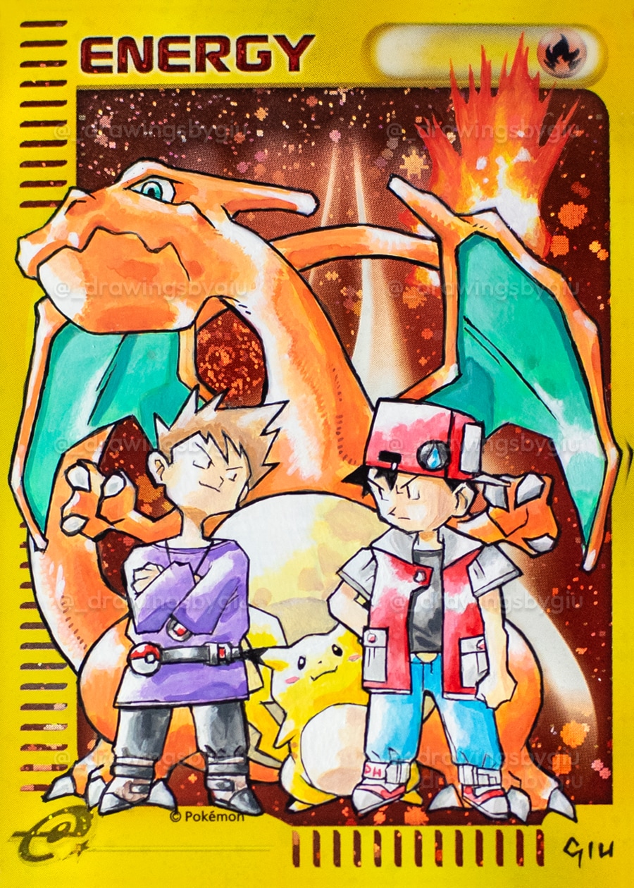 Hand-painted Red, Blue, Charizard and Pikachu – early Ken Sugimori Illustration on Pokémon card by Giu Magnani.