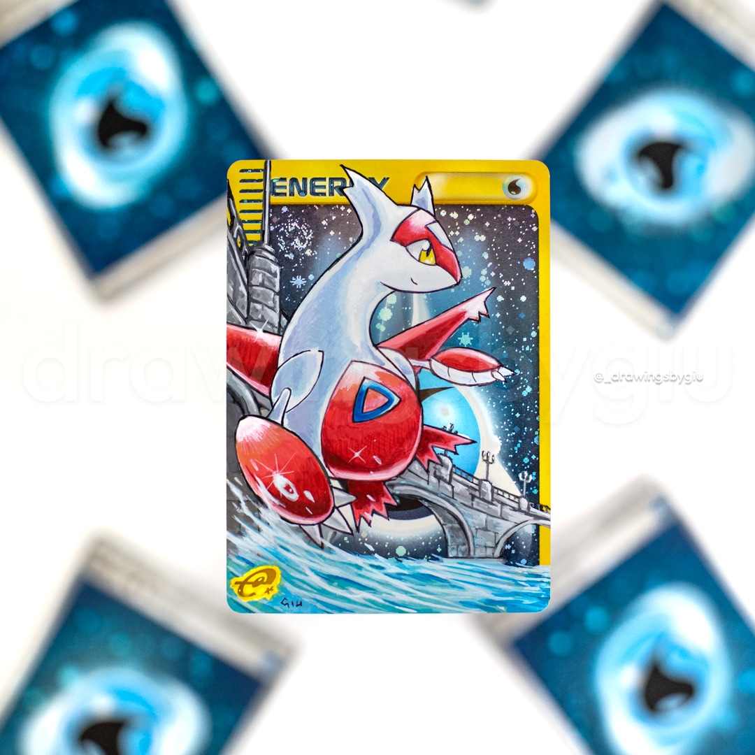 Hand-painted Alto Mare’s Latias on Pokémon card by Giu Magnani.