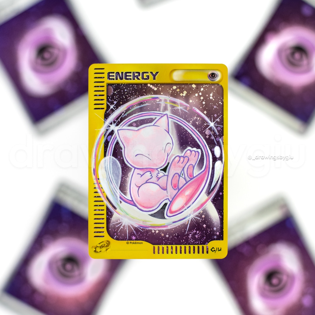 Hand-painted Bubble Mew on Pokémon card by Giu Magnani.