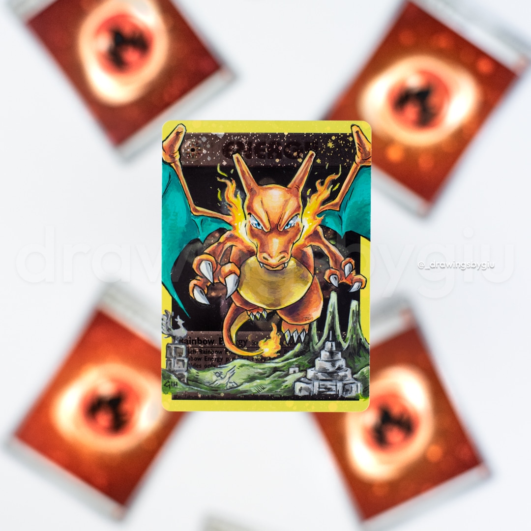 Hand-painted Skyridge Charizard on Pokémon card by Giu Magnani.