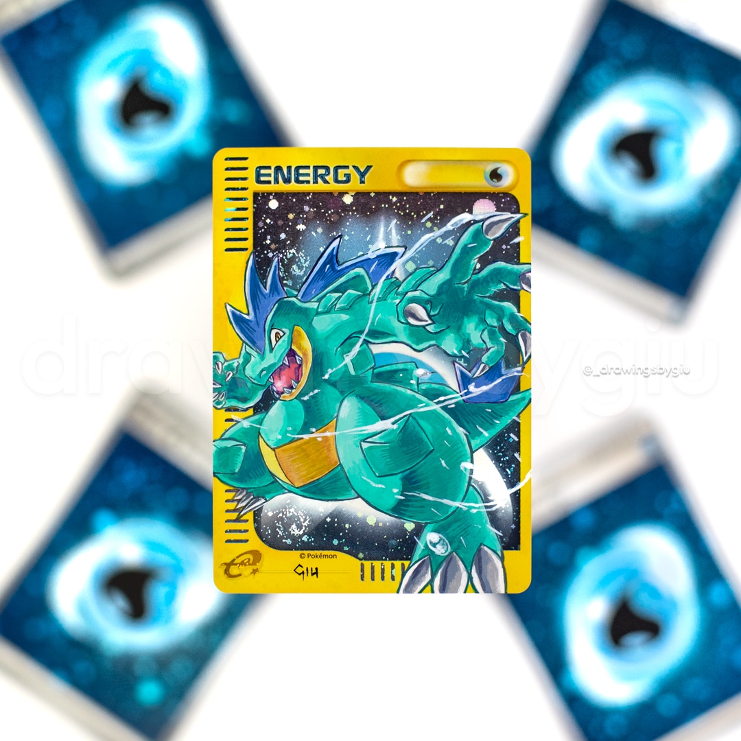 Hand-painted Gold Star Feraligatr on Pokémon card by Giu Magnani.