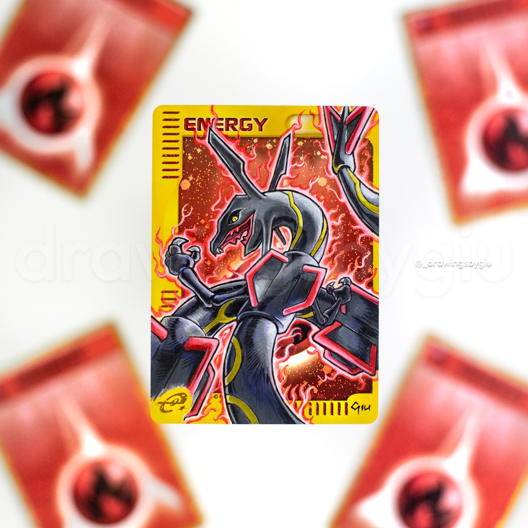 Hand-painted Fire Rayquaza on Pokémon card by Giu Magnani.