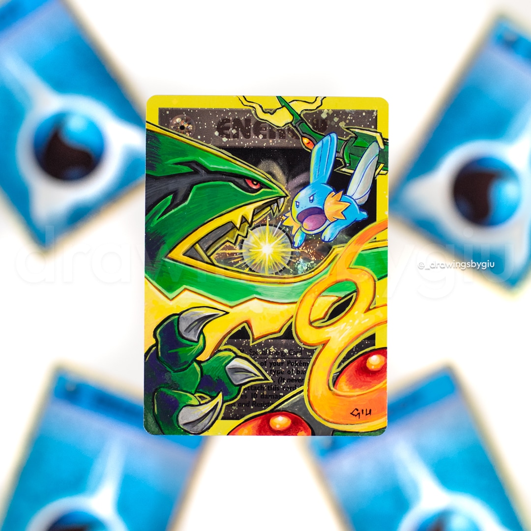 Hand-painted Mega Rayquaza vs Mudkip on Pokémon card by Giu Magnani.
