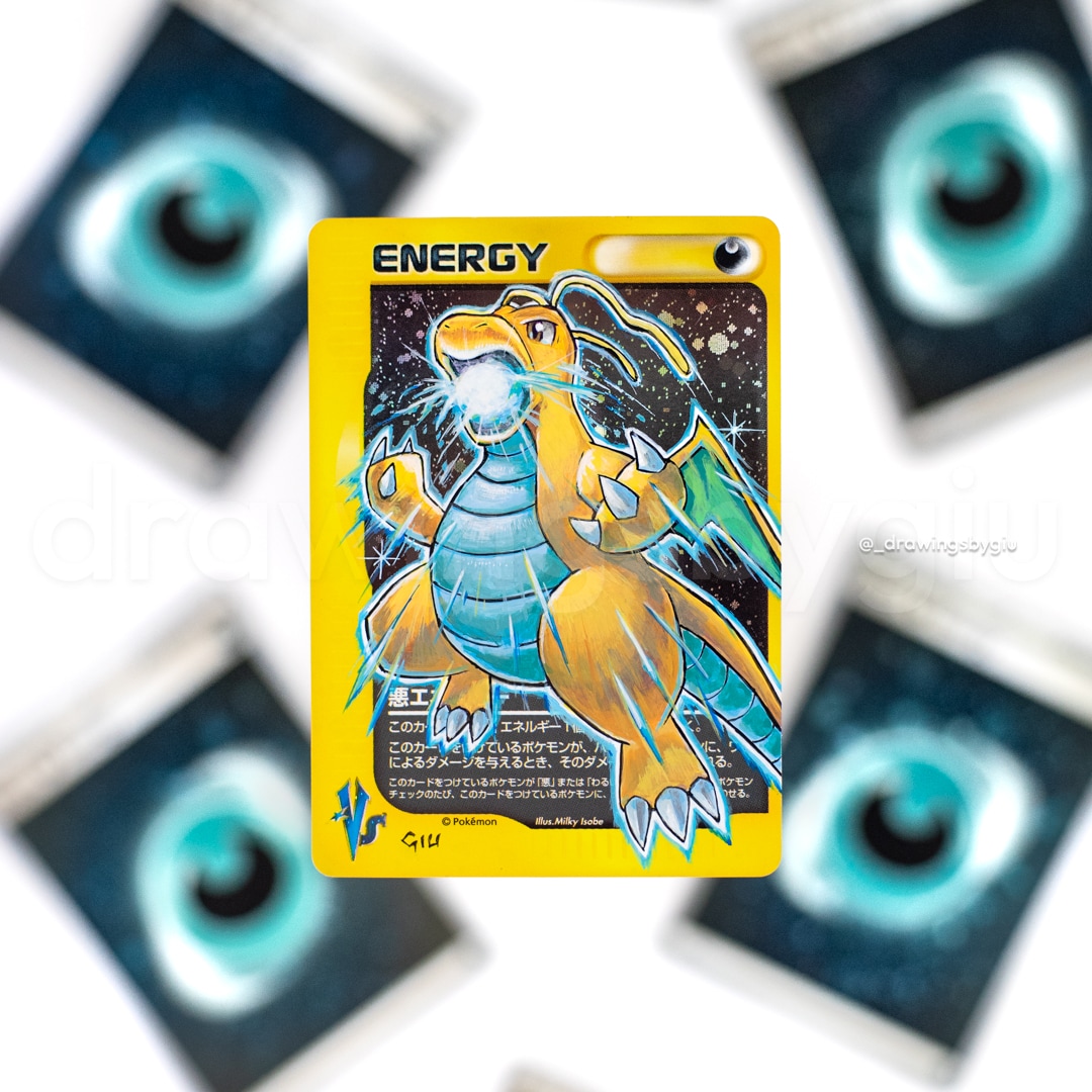 Hand-painted Dark Dragonite on Pokémon card by Giu Magnani.