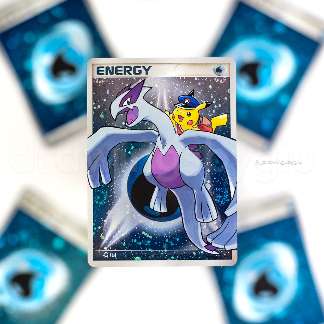 Hand-painted Shining Lugia & Special Delivery Pikachu on Pokémon card by Giu Magnani.