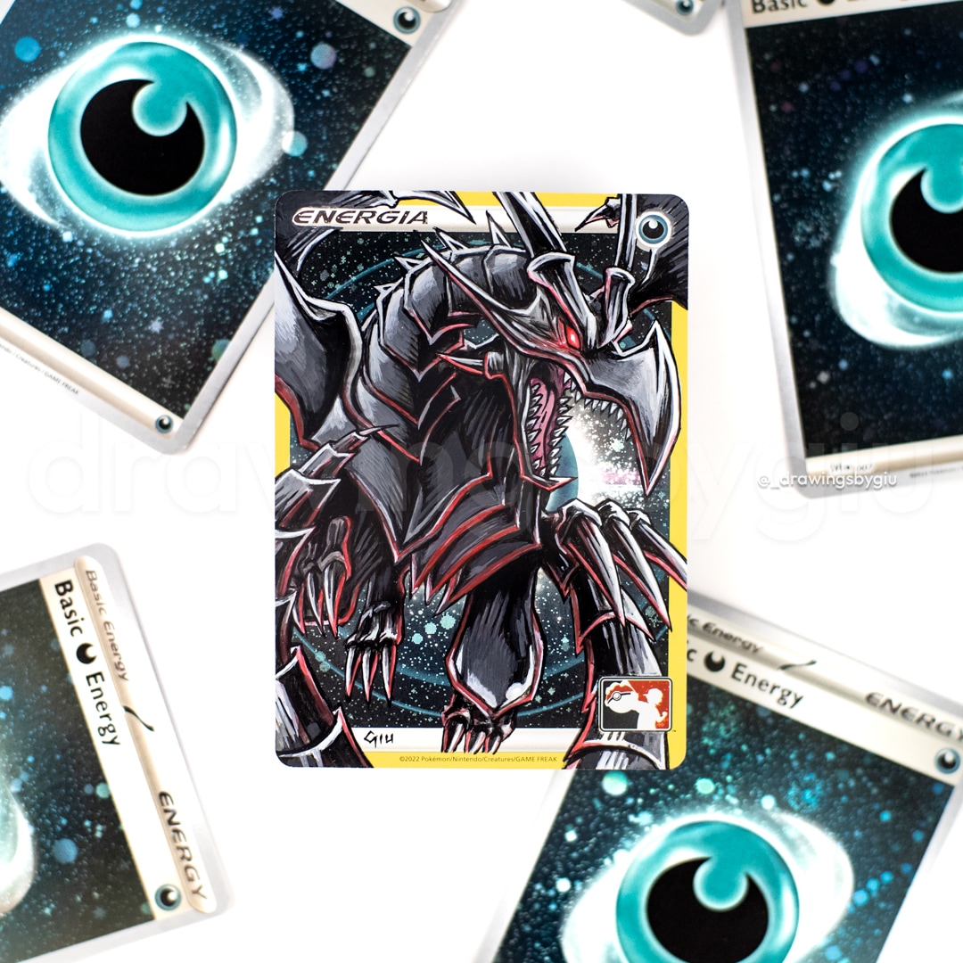 Hand-painted Red-Eyes Black Dragon on Pokémon card by Giu Magnani.