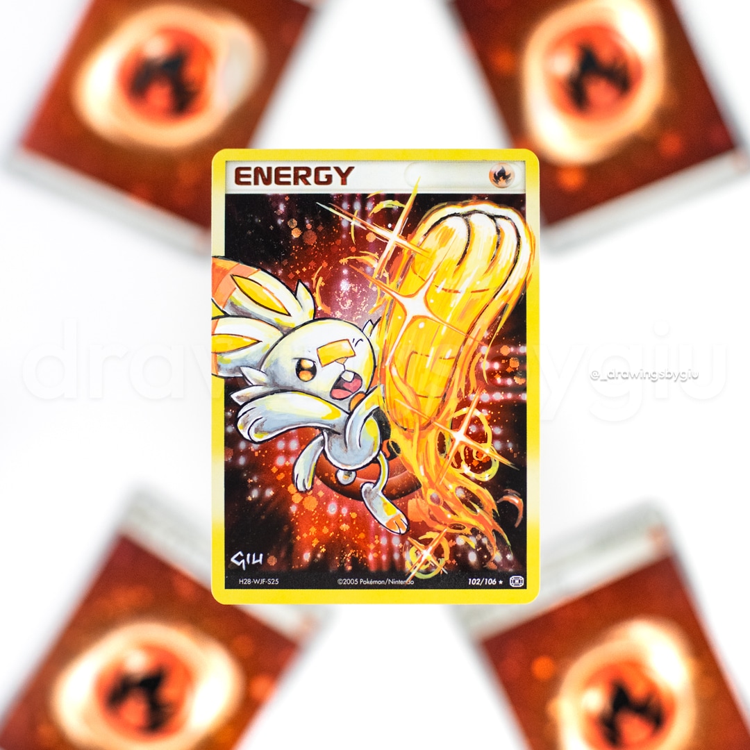 Hand-painted Scorbunny on Pokémon card by Giu Magnani.