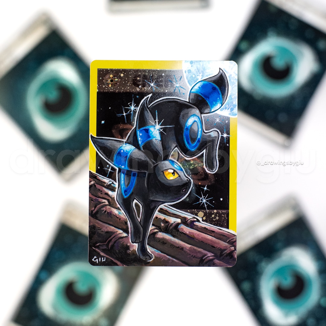 Hand-painted Shiny Umbreon on Pokémon card by Giu Magnani.