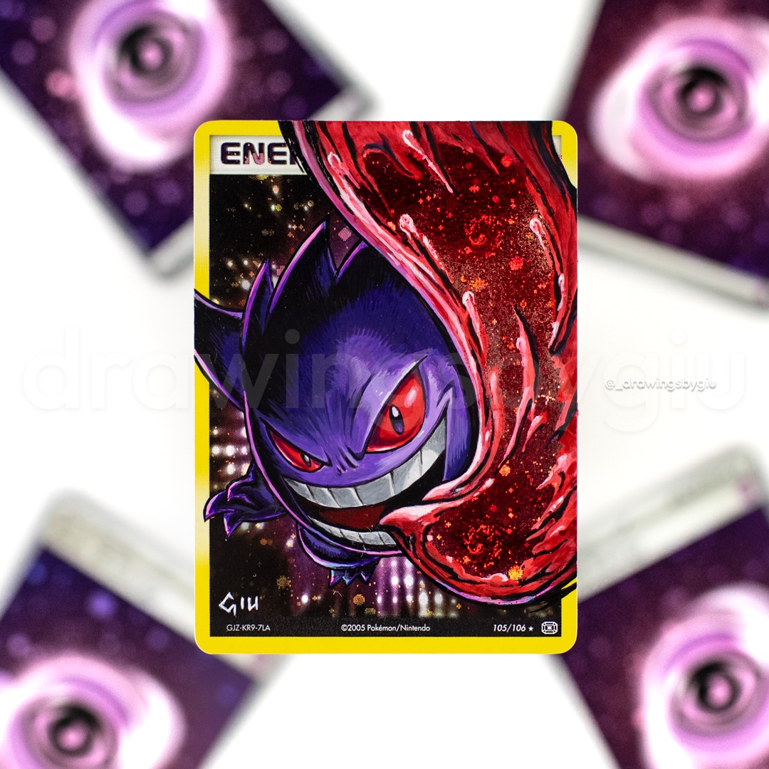 Hand-painted Gengar Red Holo on Pokémon card by Giu Magnani.