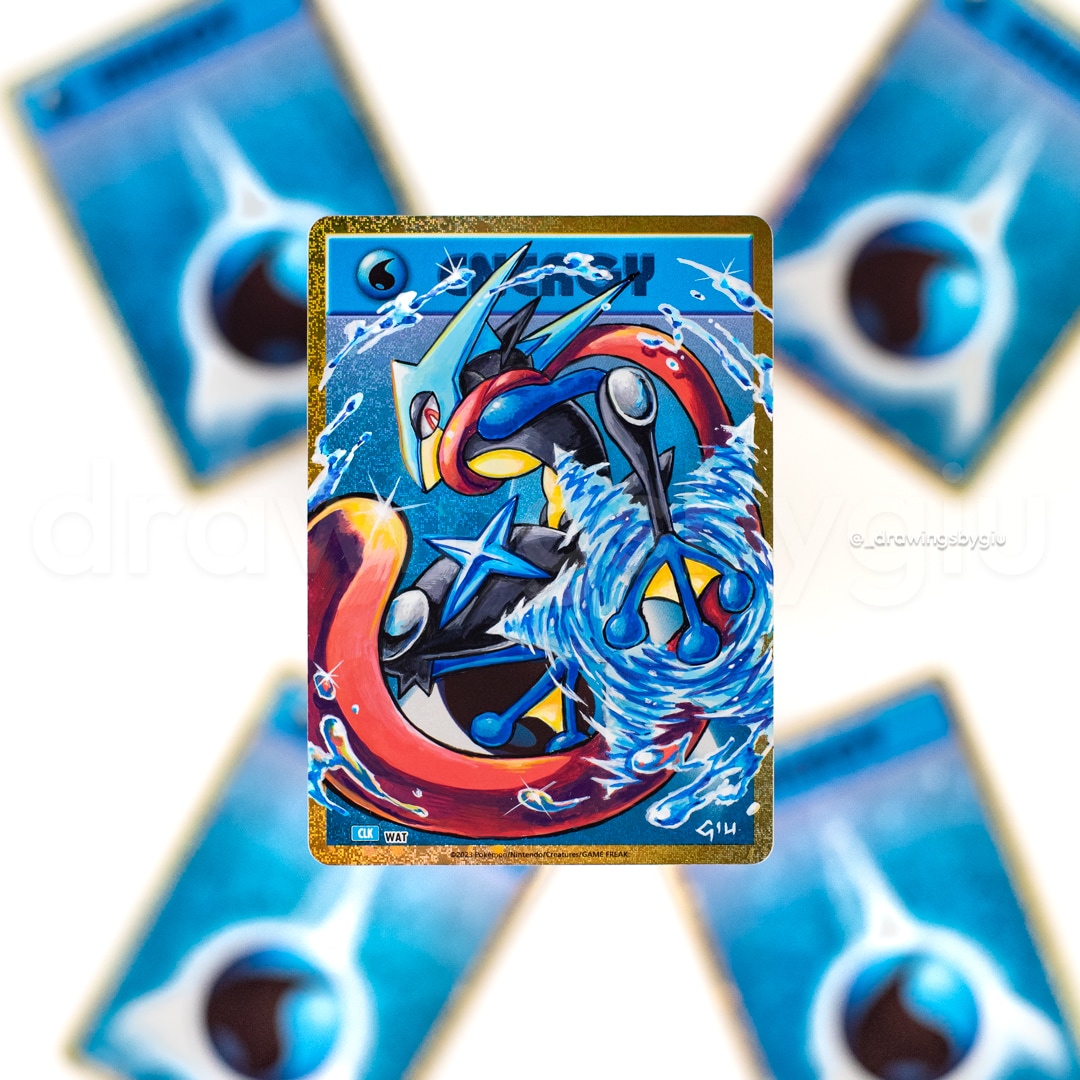 Hand-painted Mega Greninja II on Pokémon card by Giu Magnani.
