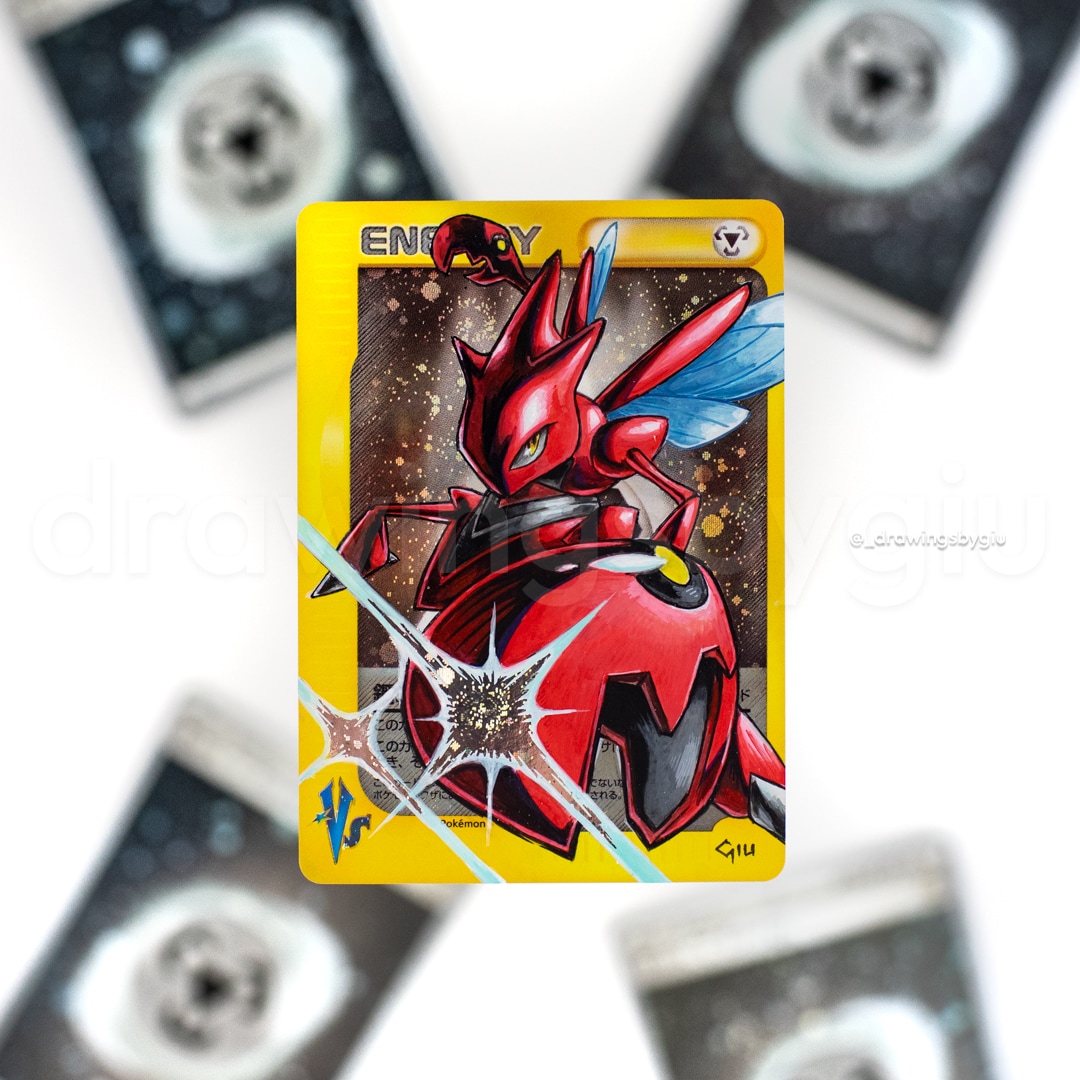 Hand-painted Scizor on Pokémon card by Giu Magnani.