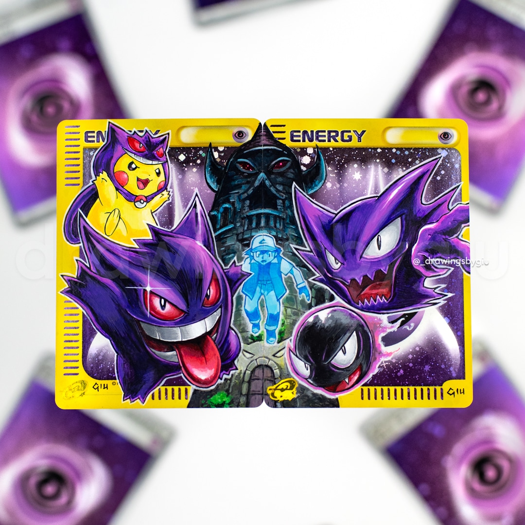 Hand-painted Tower of Terror (right side) on Pokémon card by Giu Magnani.