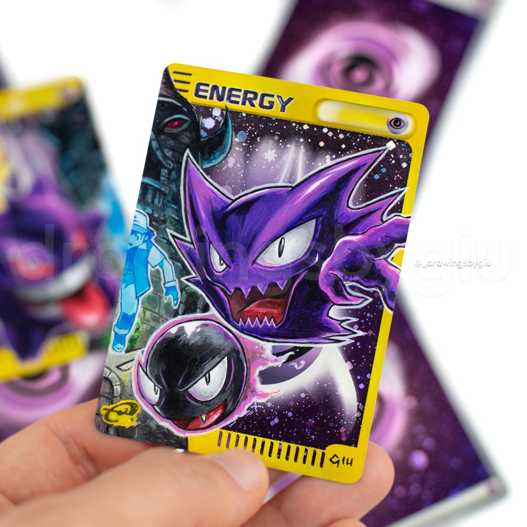 Hand-painted Tower of Terror (right side) on Pokémon card by Giu Magnani.
